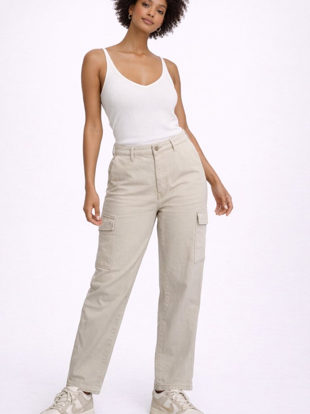 High-Rise Cargo Pants in Light Beige - Women's